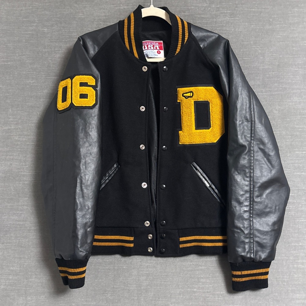 Vintage Awards USA Letterman Jacket S Black Yellow Wool Faux Leather Varsity y2k